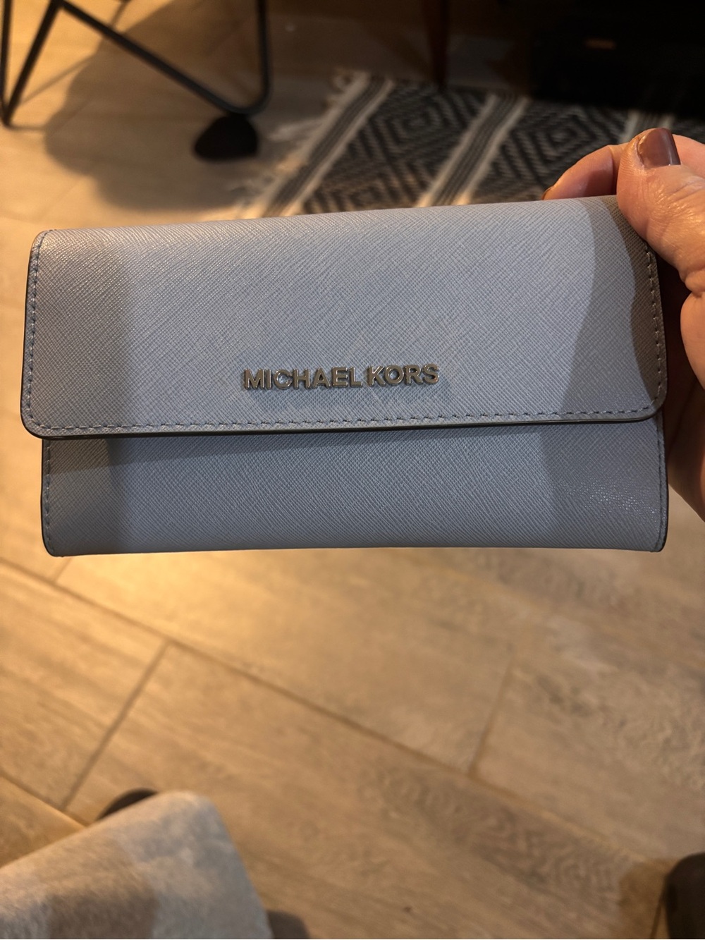 MICHAEL KORS Pale Blue Saffiano Flap Wallet with silver  Logo